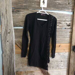 STREETWEAR Size Large Black V-Neck, Side Lace Up Sweater Dress